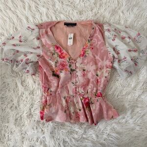 HEMANT & NANDITA Pink Floral Blouse with Puff Sleeves